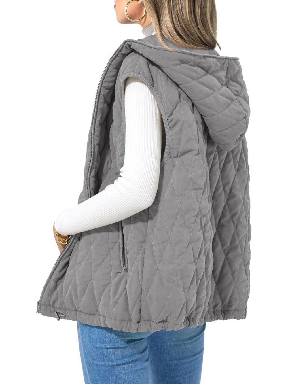 Women’s Grey Sleeveless Quilted ZIP Up Winter Outerwear Hooded Vest Jacket